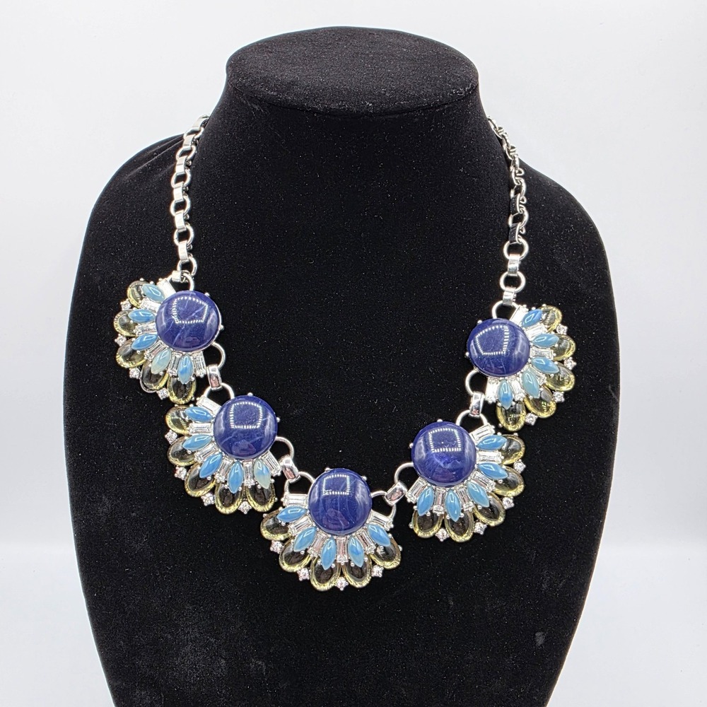Womens Silver Tone Chain‎ Acrylic Blue Shell Pendant Bib Statement Necklace 28"